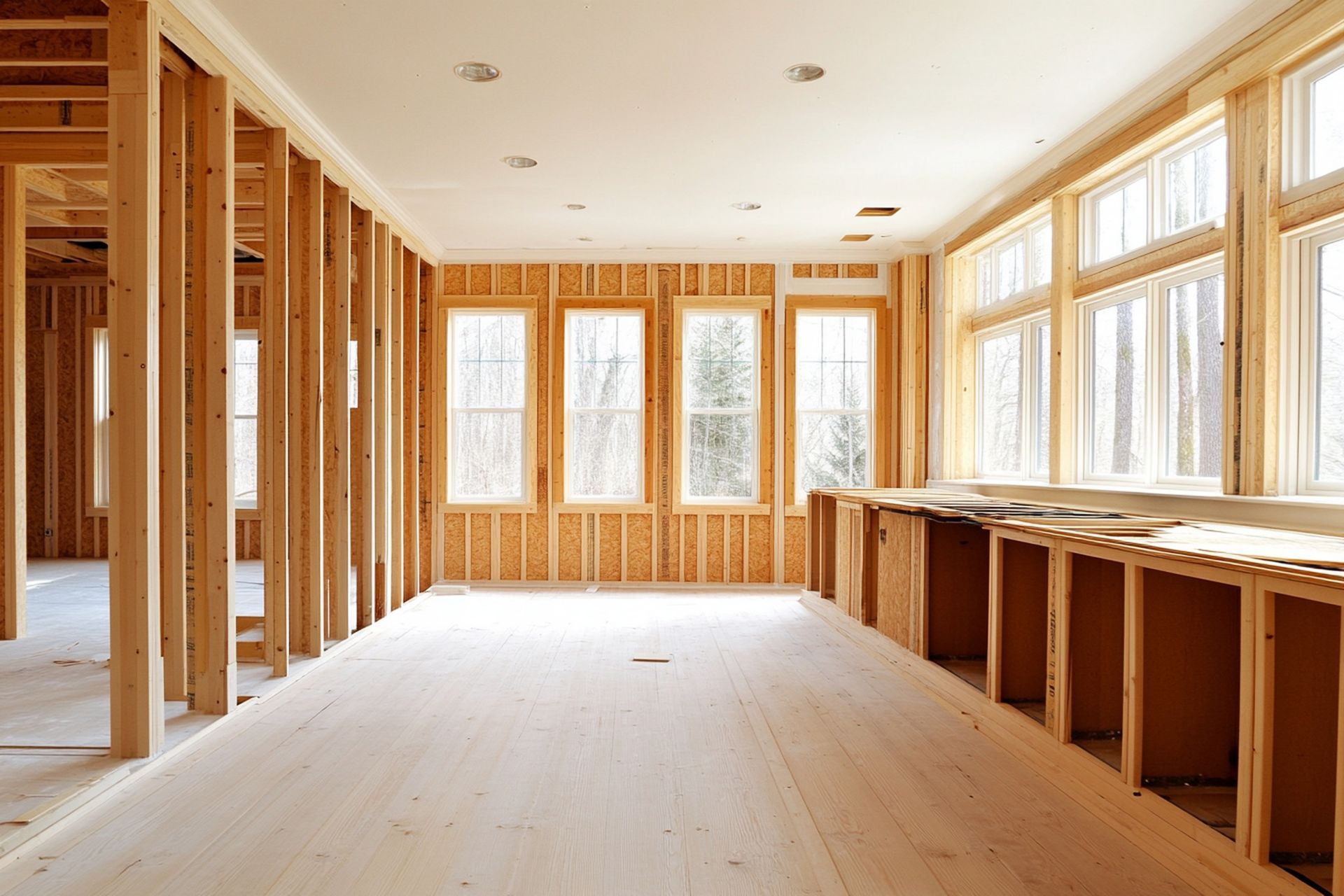 Unfinished wood-framed interior with large windows and built-in counters, lit by daylight.