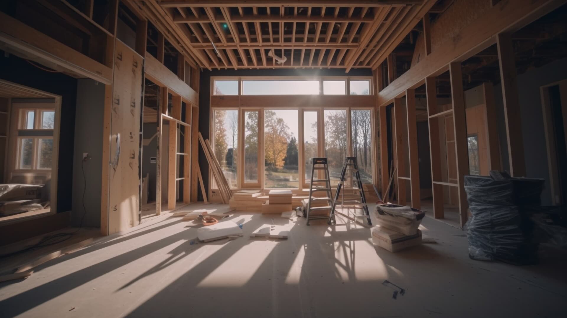 Sunlit unfinished interior of a house under construction with exposed framing, tools, and ladders