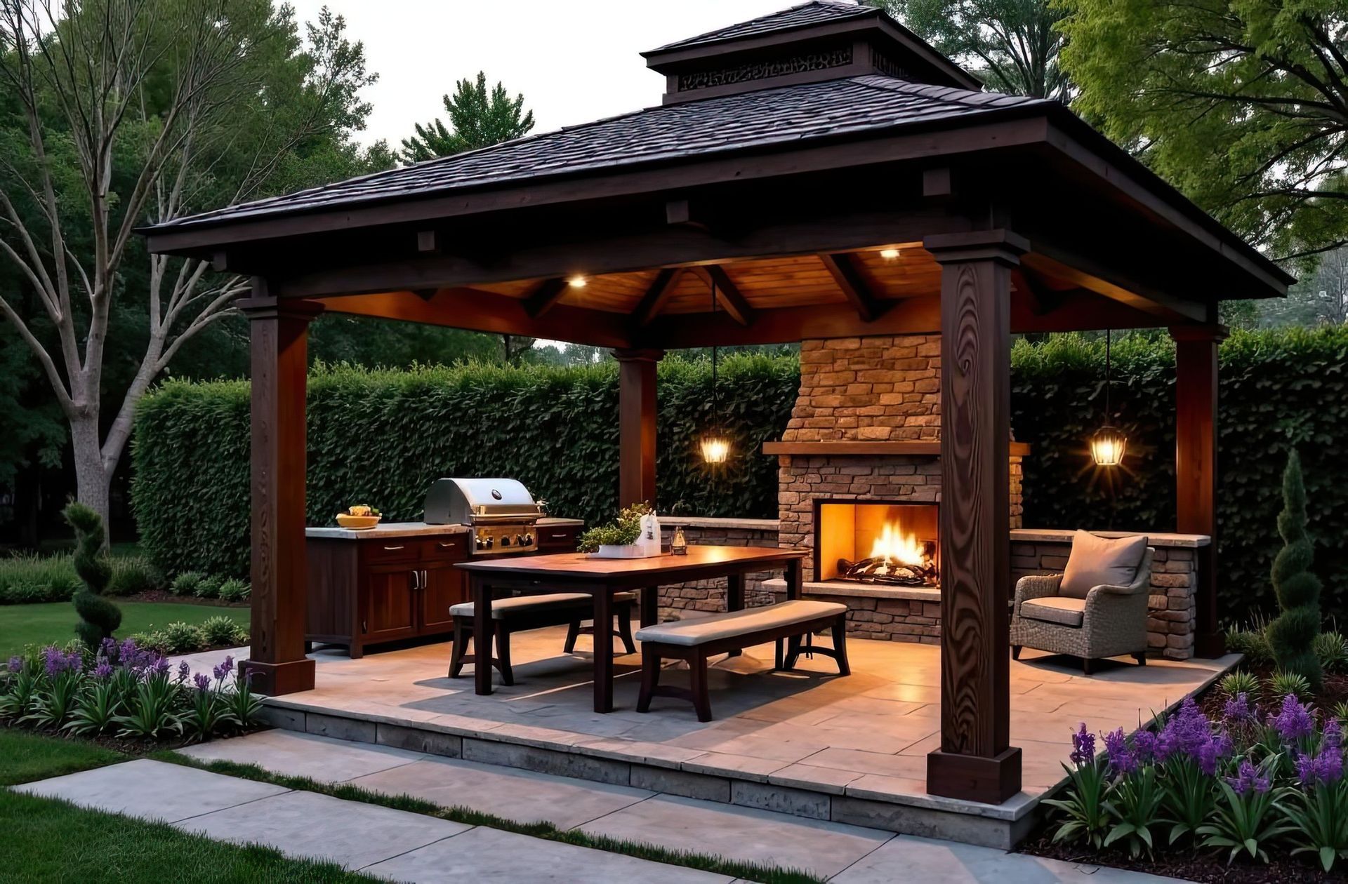 Covered outdoor patio with fireplace, dining table, and cushioned chairs in a landscaped garden at dusk