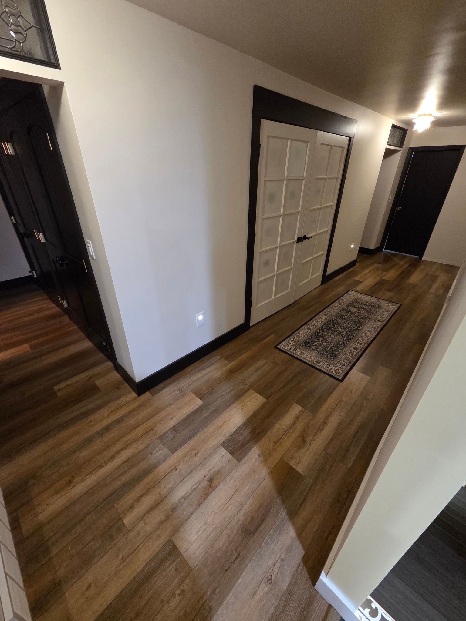 Empty hallway with wood floors, white walls, dark trim, a rug, and closed doors.