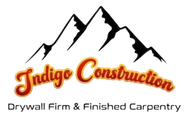 Indigo Construction logo with mountain peaks and the text &ldquo;Drywall Firm & Finished Carpentry&rdquo;