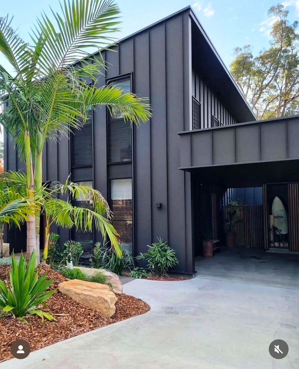 A black house with a palm tree in front of it. — R&M Sheetmetal Nowra Metal Roofing in South Nowra, NSW