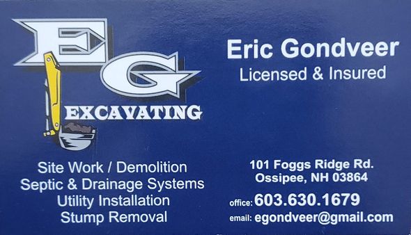Business card for Eric Gondveer Excavating: blue background, logo with 