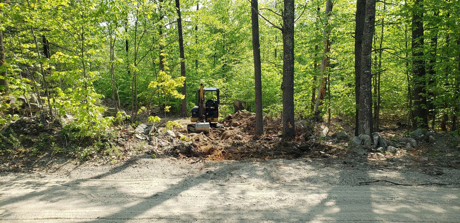 Mini excavator in a clearing in the woods. Gravel road in the foreground. Green trees in the background.