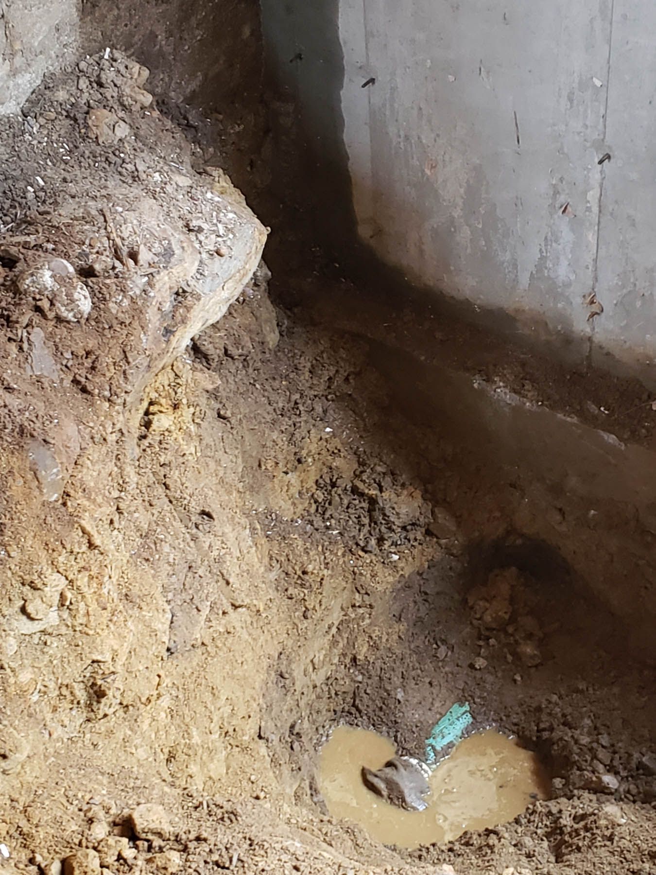 Trench dug near a concrete foundation wall, revealing soil and a pipe in standing water.