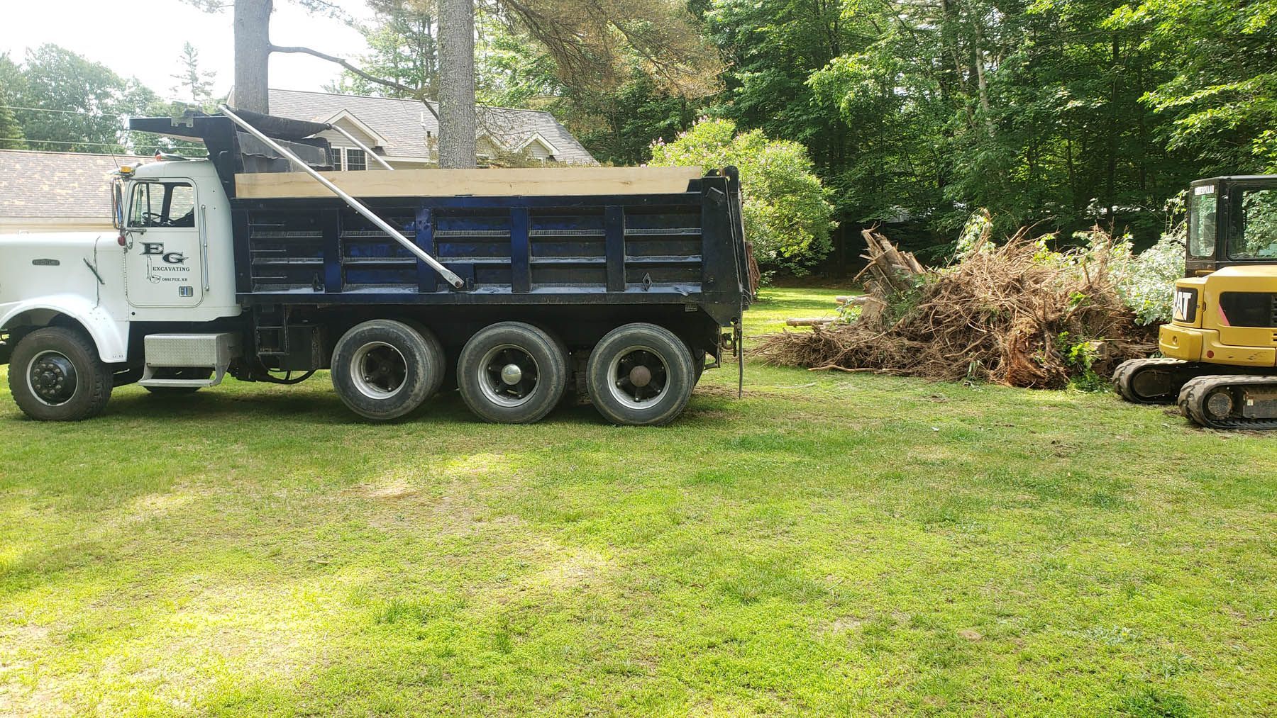 Dump truck and mini excavator on grass, clearing yard debris near trees.