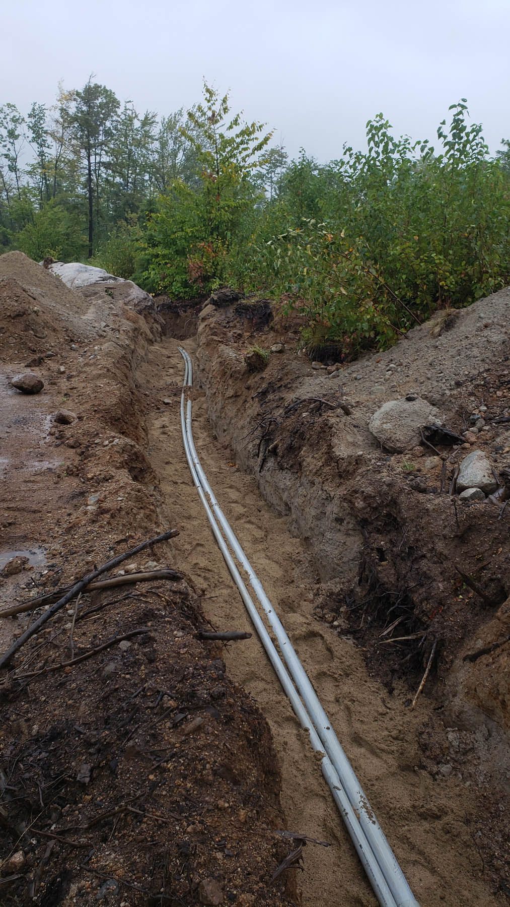 Two gray conduits lie in a dirt trench, in a forest setting.