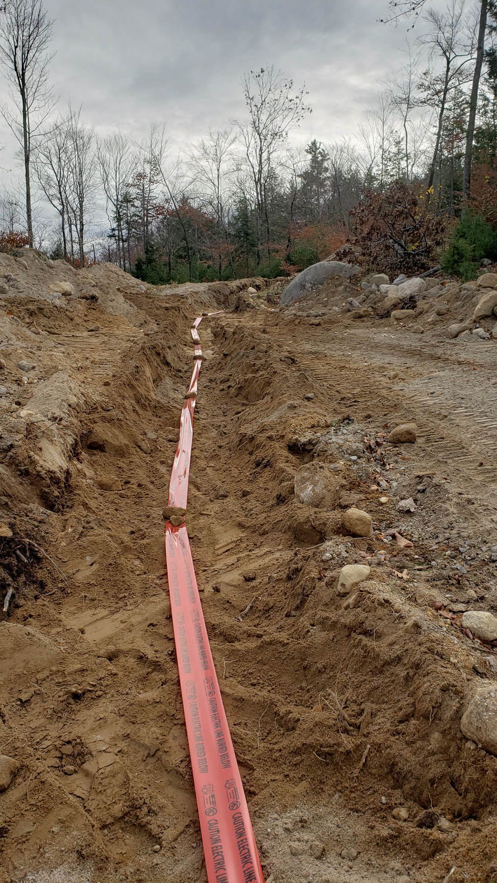 A long, narrow trench with bright pink conduit running through it, in an earthy, wooded area.