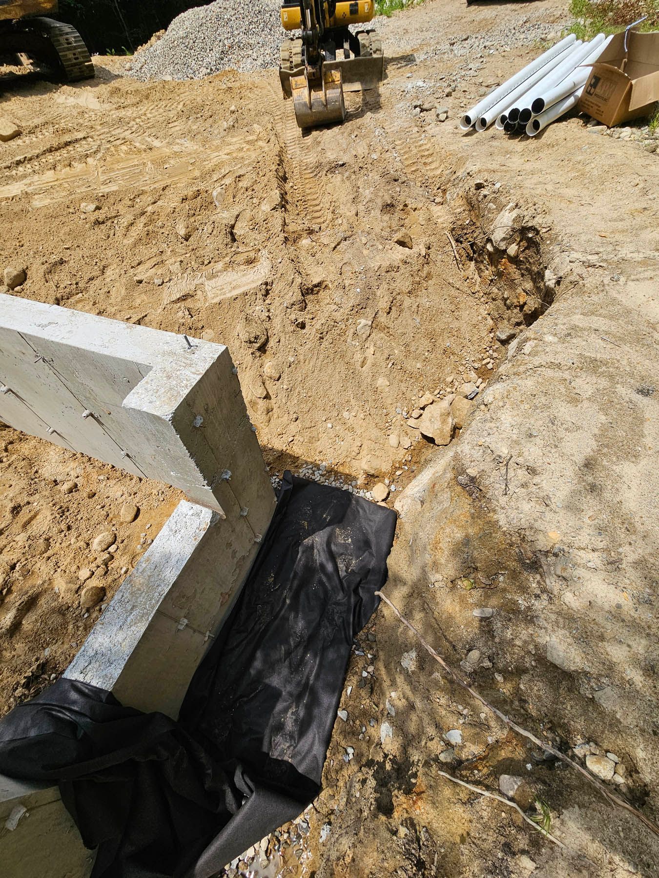 Excavation site with a concrete structure, excavator, and pipes. Dirt is light brown.