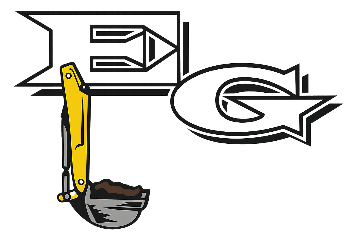 Logo with yellow excavator arm, soil in a gray bucket, and "EG" initials.