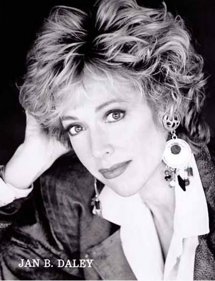 A black and white photo of a woman named jan b. daley