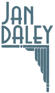 the logo for jan daley is blue and has a geometric design .