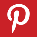 a white pinterest logo on a red background .