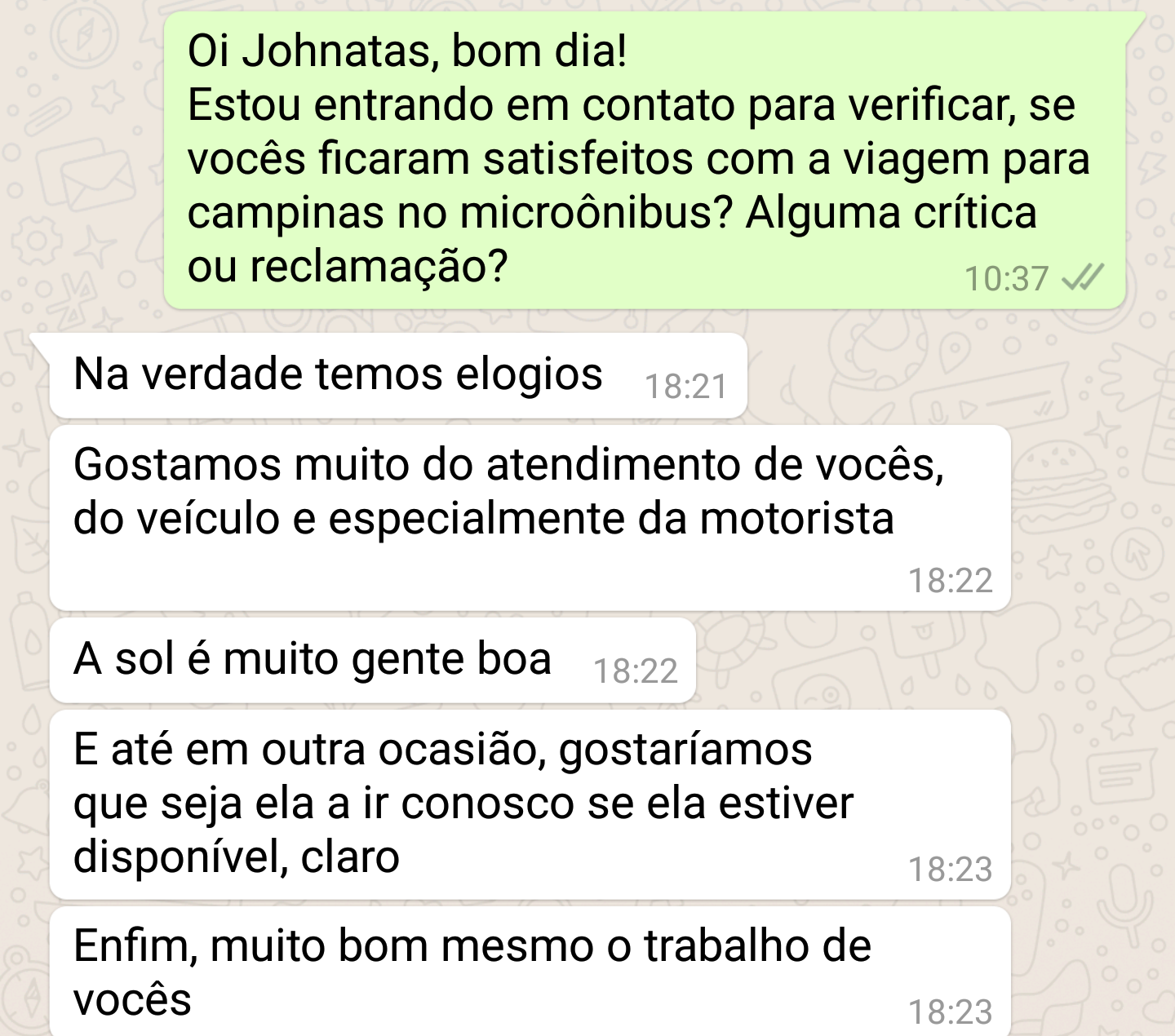 Conversa no WhatsApp: feedback positivo para uma viagem de micro-ônibus para Campinas. Elogiando o serviço e o motorista