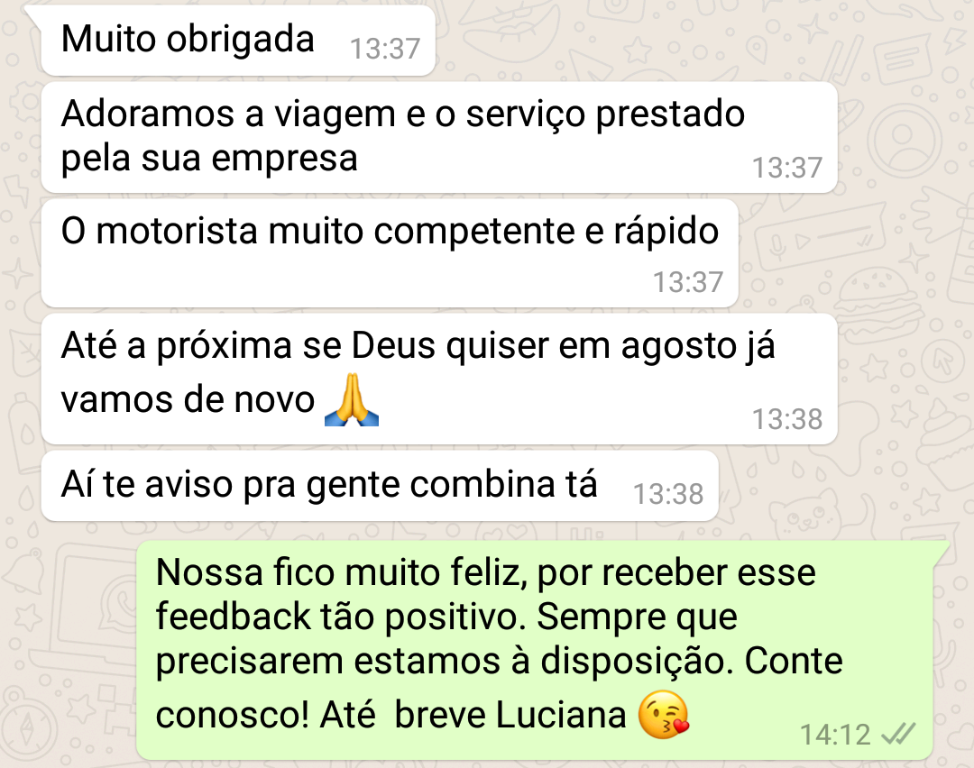 Bate-papo no WhatsApp: cliente elogia o atendimento da empresa, o motorista e planeja retornar. Luciana responde com alegria.
