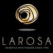 Logo del salone di parrucchiere Larosa, oro su nero, simbolo di rosa stilizzata sopra il testo