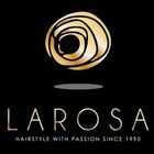 Logo del salone di parrucchiere Larosa, oro su nero, simbolo di rosa stilizzata sopra il testo 