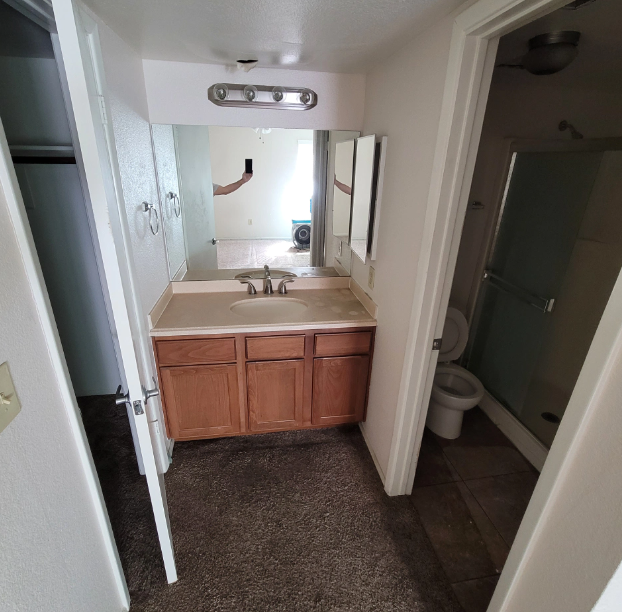 A bathroom with a sink and mirror and a toilet
