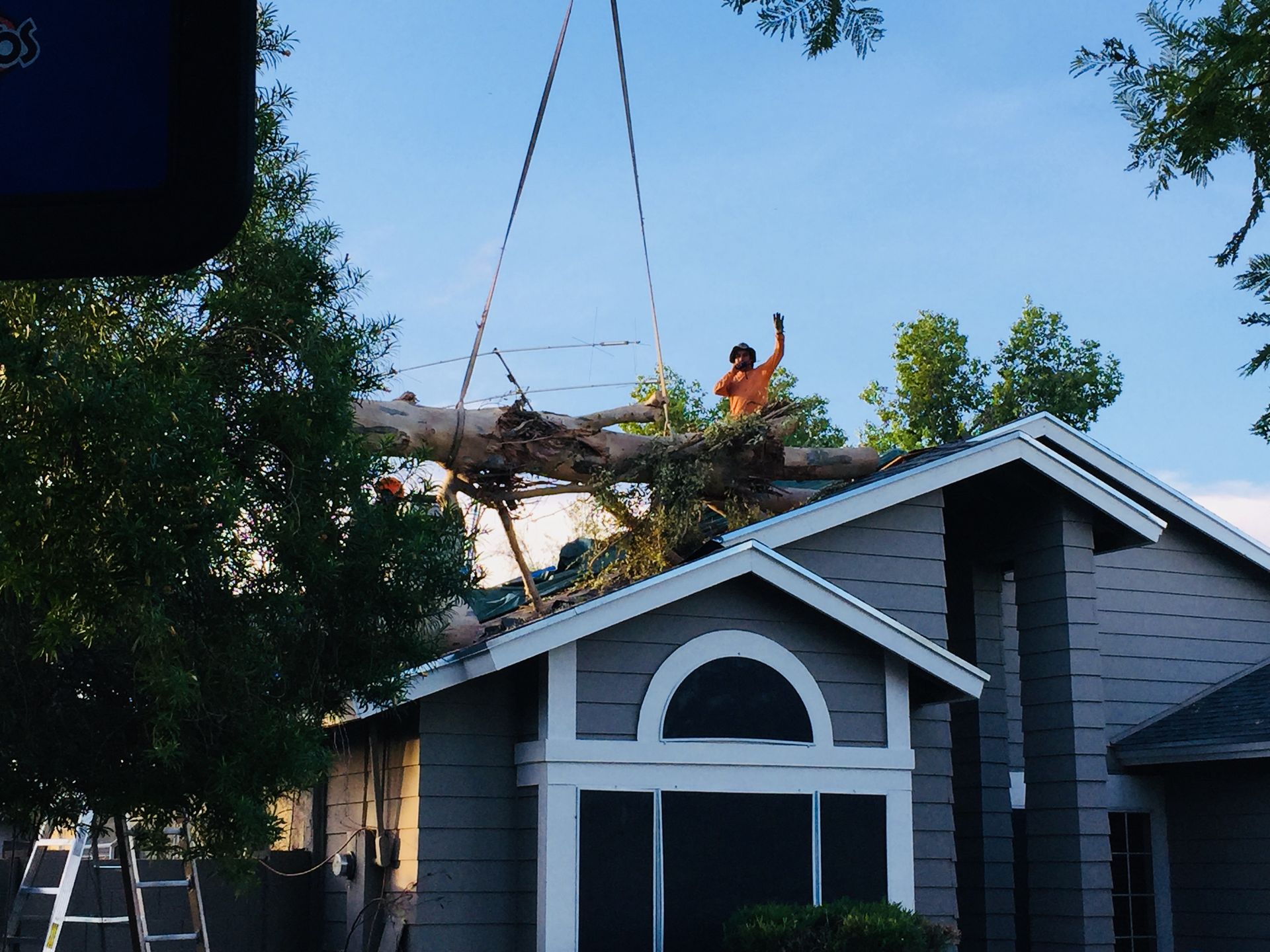A tree is being removed from the roof of a house
