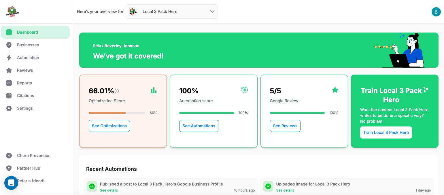 Dashboard showing website analytics with performance metrics and plan options.