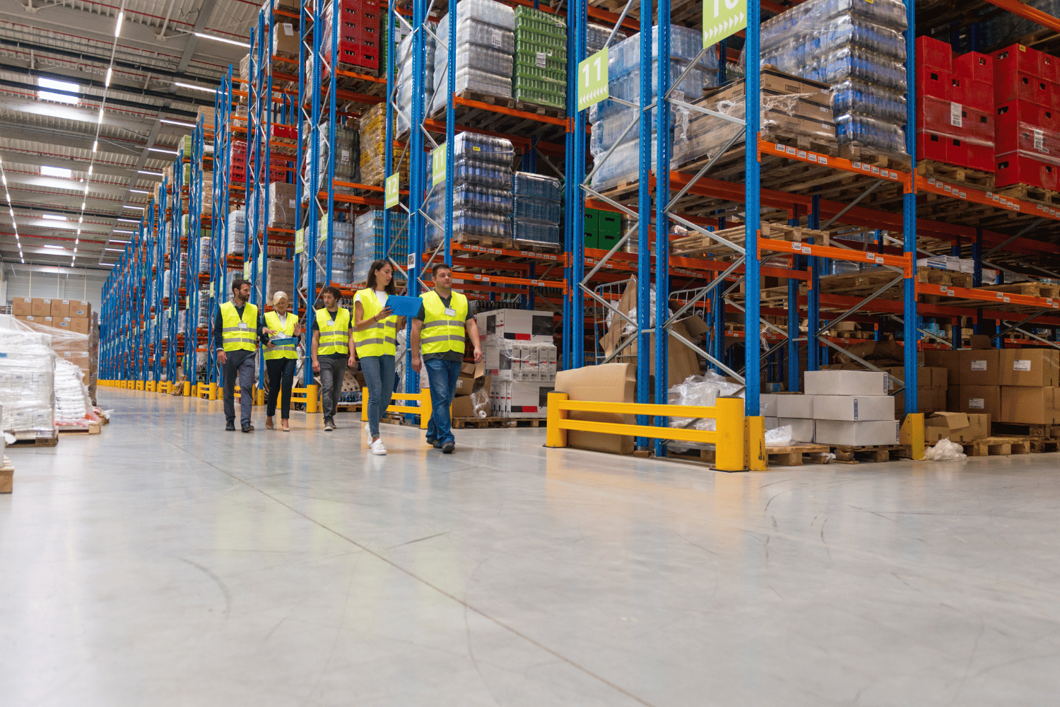 Warehouse interior with workers in vests walking; shelves of inventory in the background.
