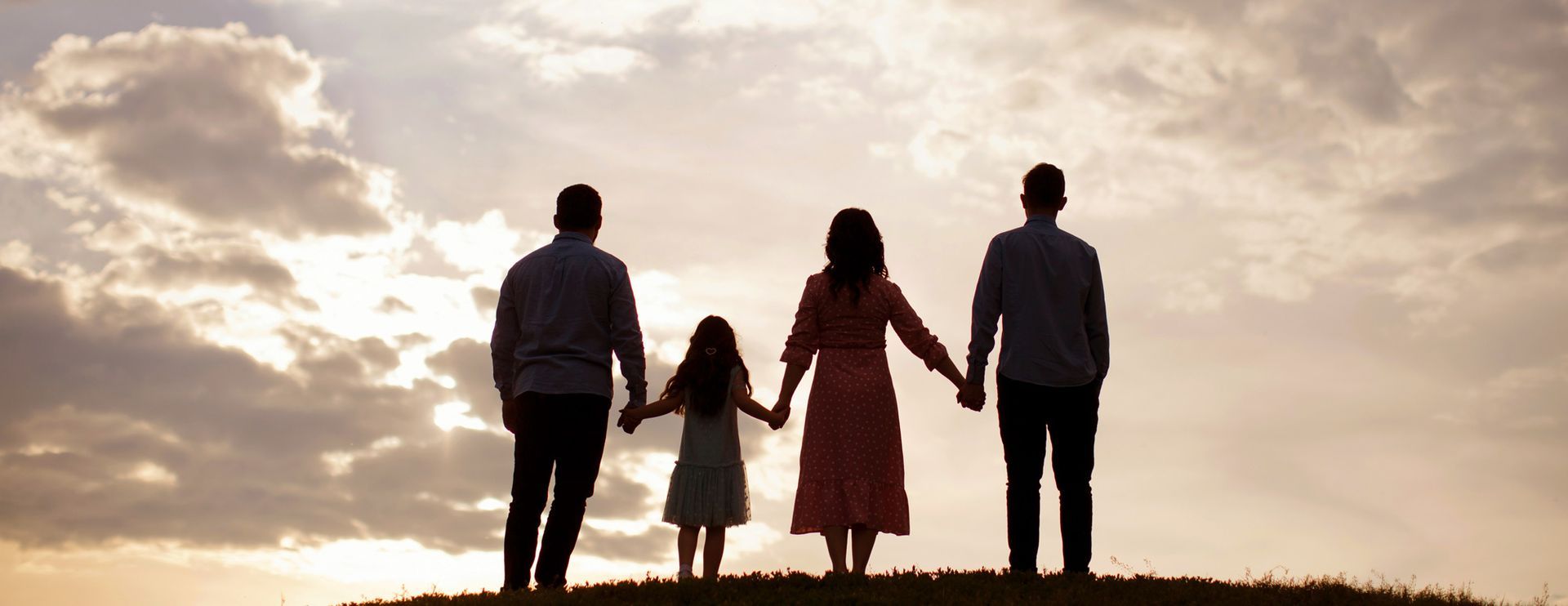 A family is standing on top of a hill holding hands.