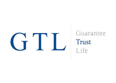 The logo for gtl guarantee trust life is blue and white.
