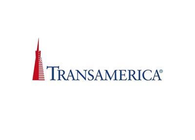 The transamerica logo is red and blue with a tower in the background.