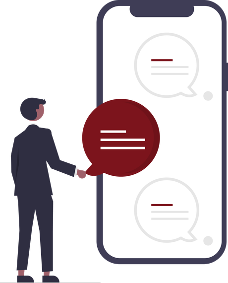 A man in a suit is standing next to a cell phone with speech bubbles on it.