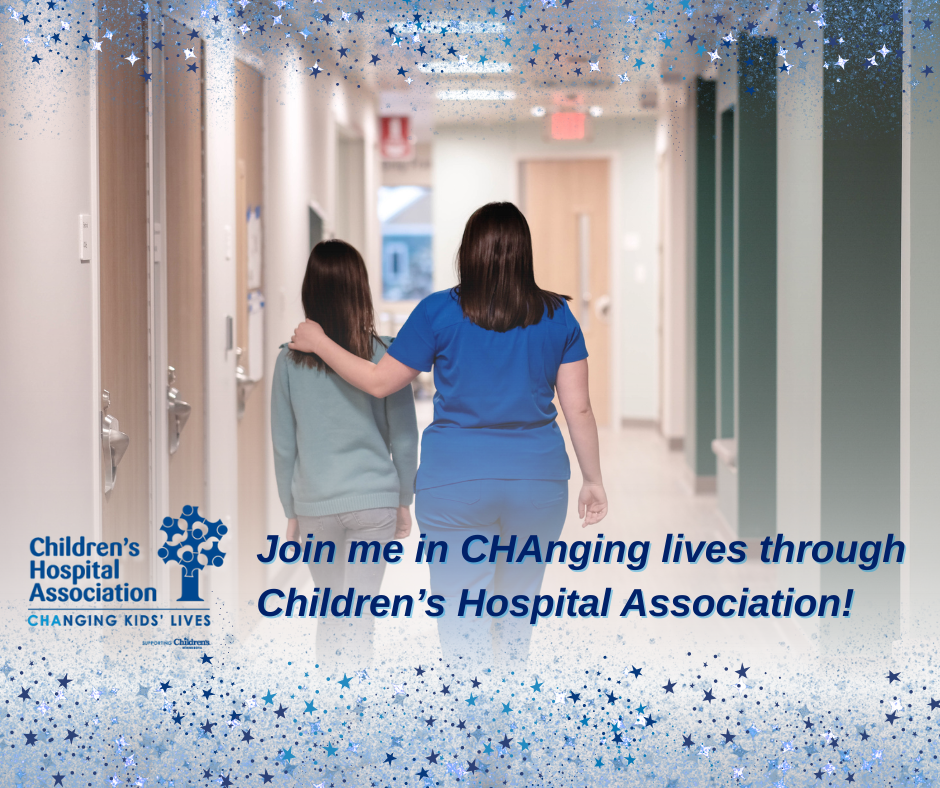 Facebook post photo bordered with blue stars around a picture of a nurse in blue scrubs walking a teenager down the hall with their arm around their shoulders. The Children's Hospital Association's logo is at the bottom with the text, 'Join me in CHAnging lives through Children's Hospital Association!