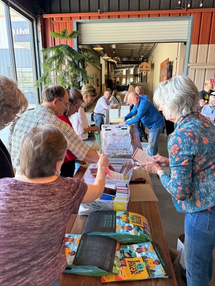 Volunteers line a table to assemble mental health support bags for patients