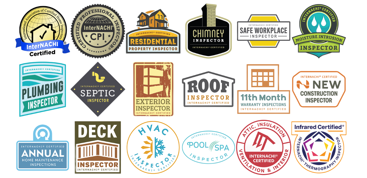 A collection of fifteen diverse certification badges for various home inspection services, arranged in three rows of five.