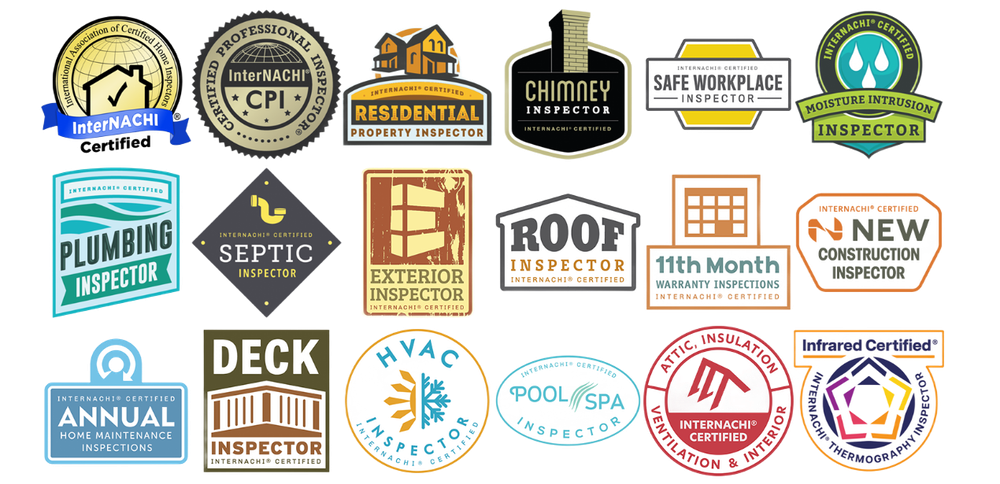 A collection of fifteen diverse certification badges for various home inspection services, arranged in three rows of five. A collection of fifteen diverse certification badges for various home inspection services, arranged in three rows of five.