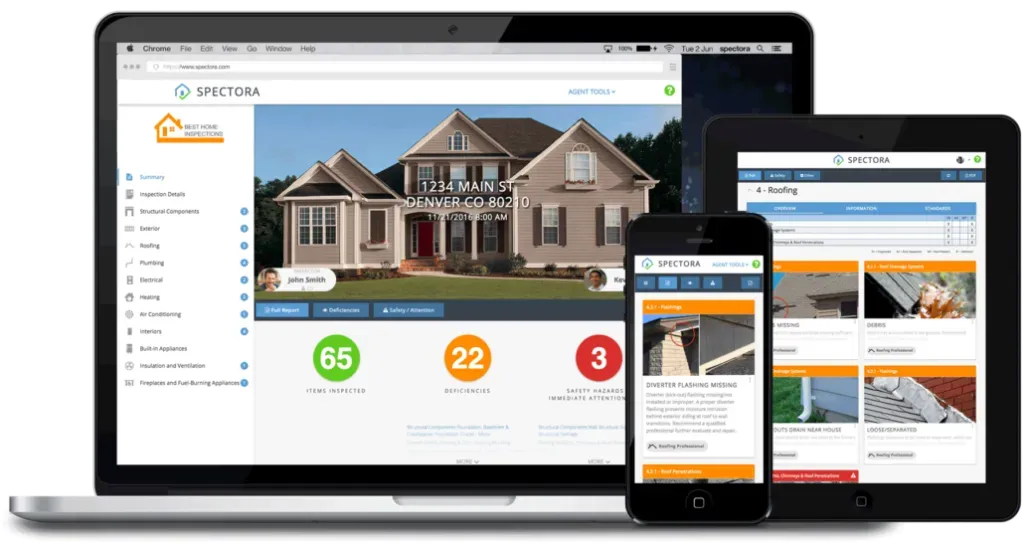 A laptop, tablet, and smartphone displaying a responsive home inspection software interface with a house photo.