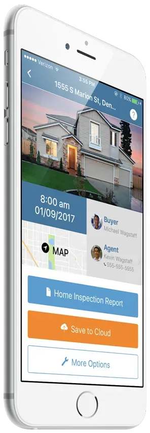 A white smartphone displays a home inspection app interface with property details, map, and cloud storage buttons.