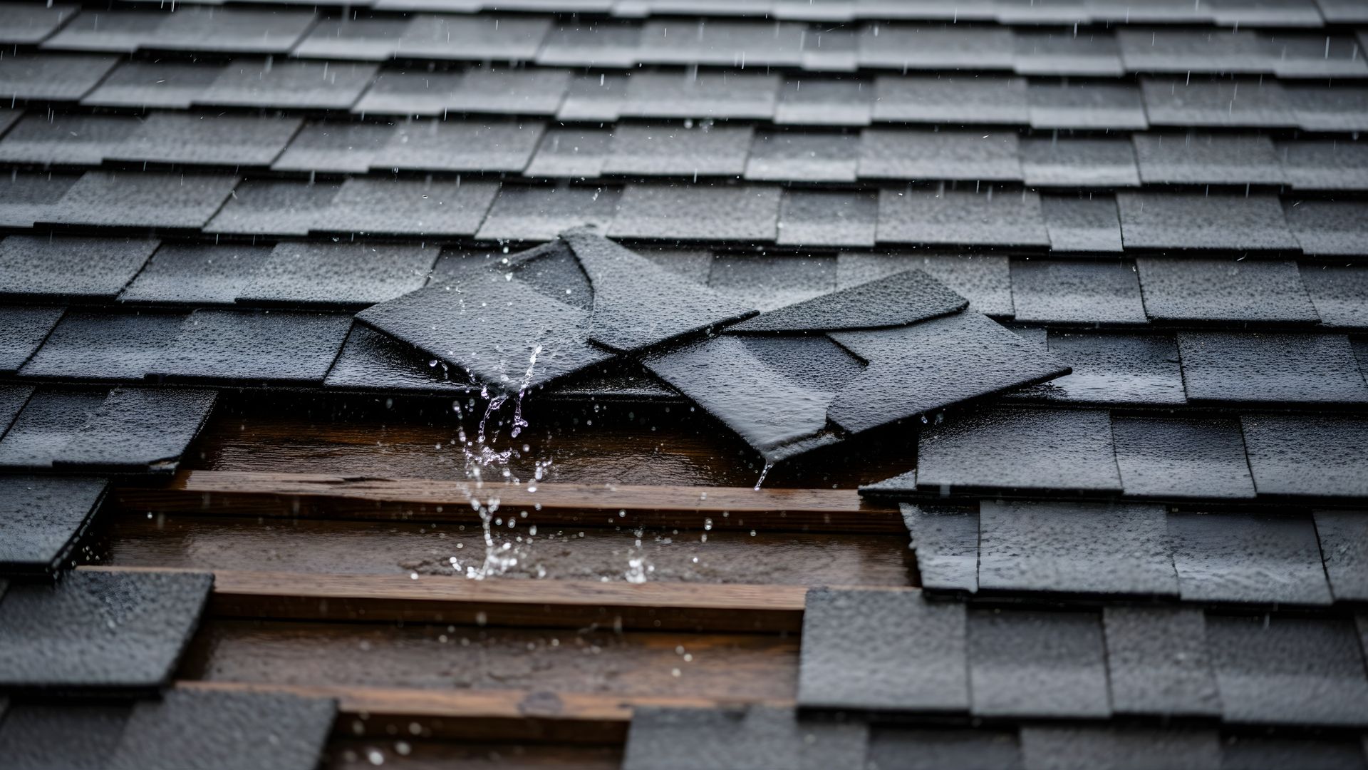 Damaged roof shingles show water damage after a storm. Damaged roof shingles show water damage after a storm.