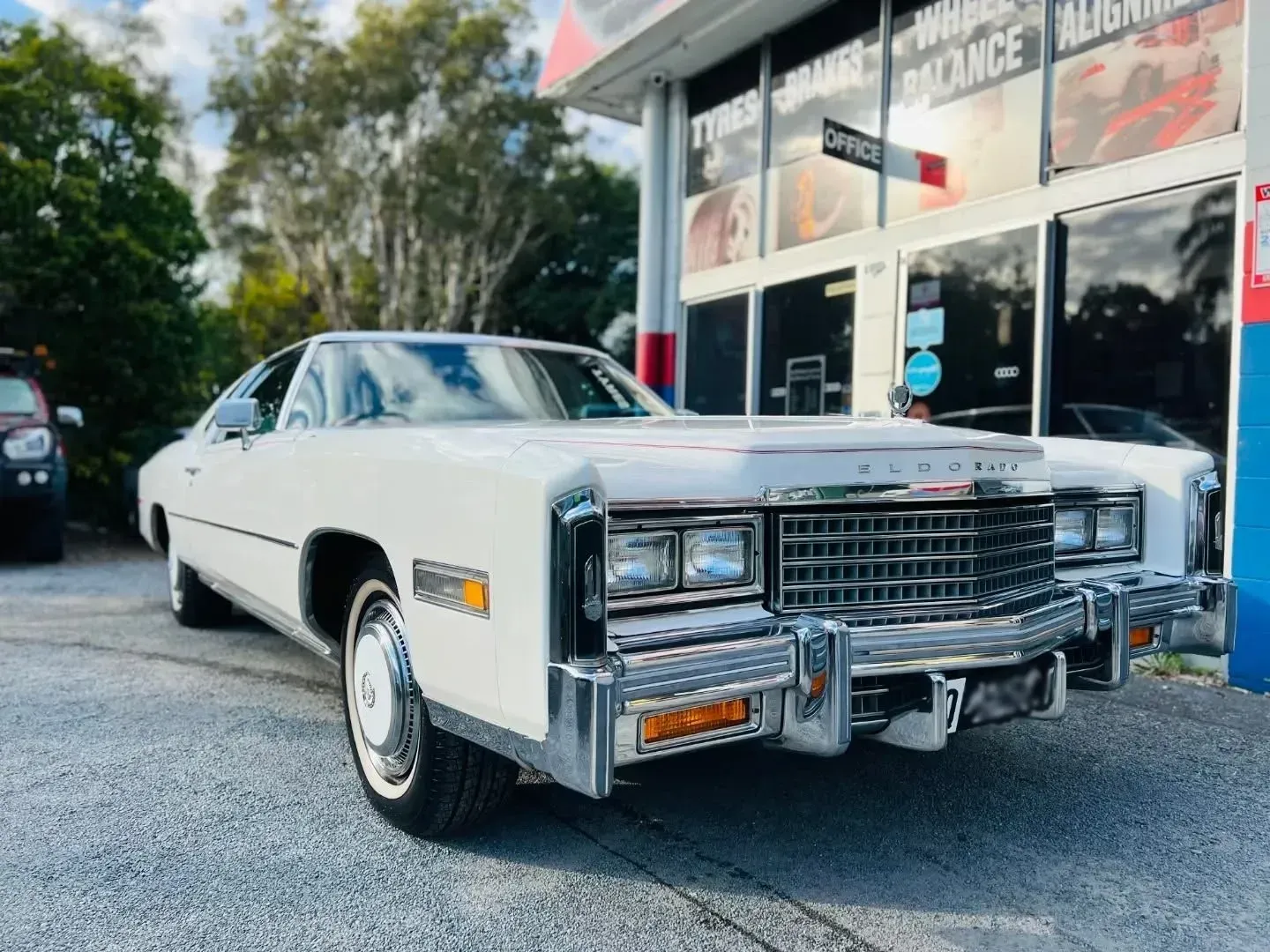 White Cadillac Eldorado — BJM Mechanical Mufflers & Tyres in Oxenford, QLD