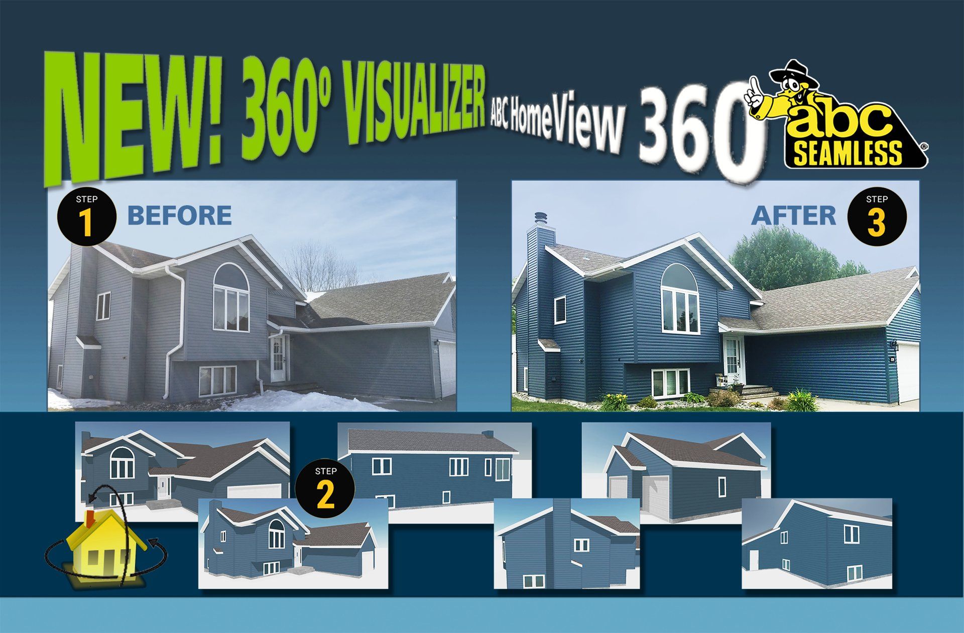 A before and after picture of a house with 360 degree views