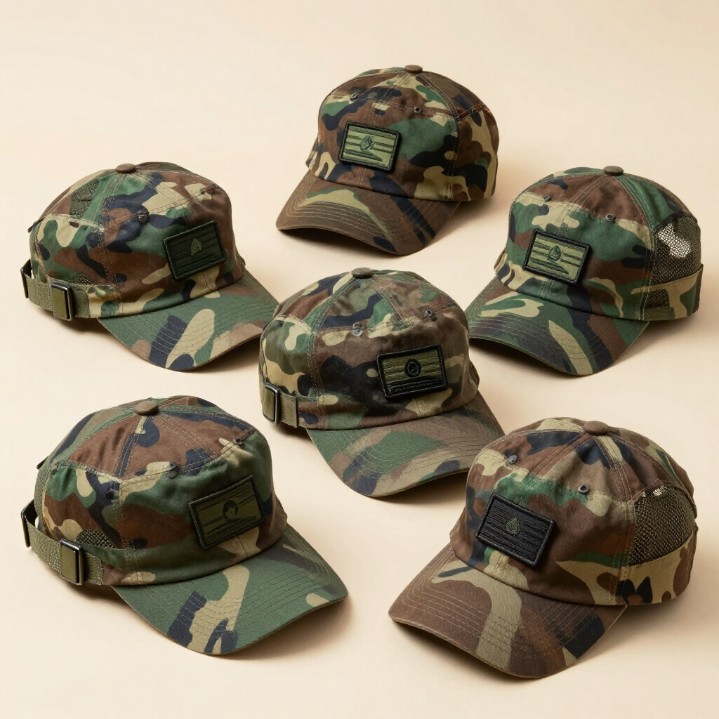 Seis gorras de béisbol de camuflaje con parches, dispuestas sobre una superficie beige.