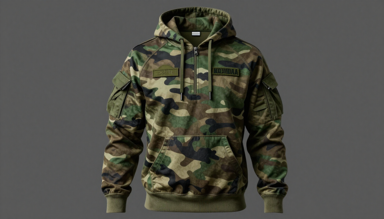 Sudadera con capucha de camuflaje con bolsillo frontal y parche.