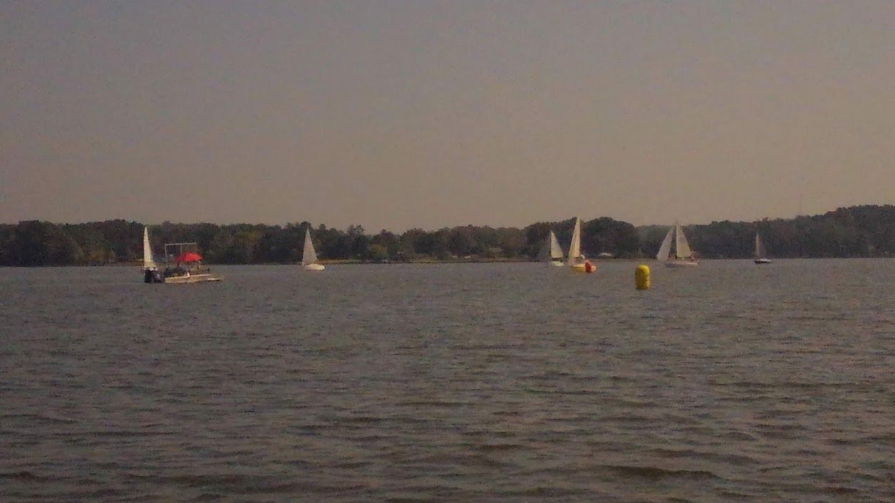 Several sailboats navigate a calm, hazy lake with a distant treeline on the horizon.