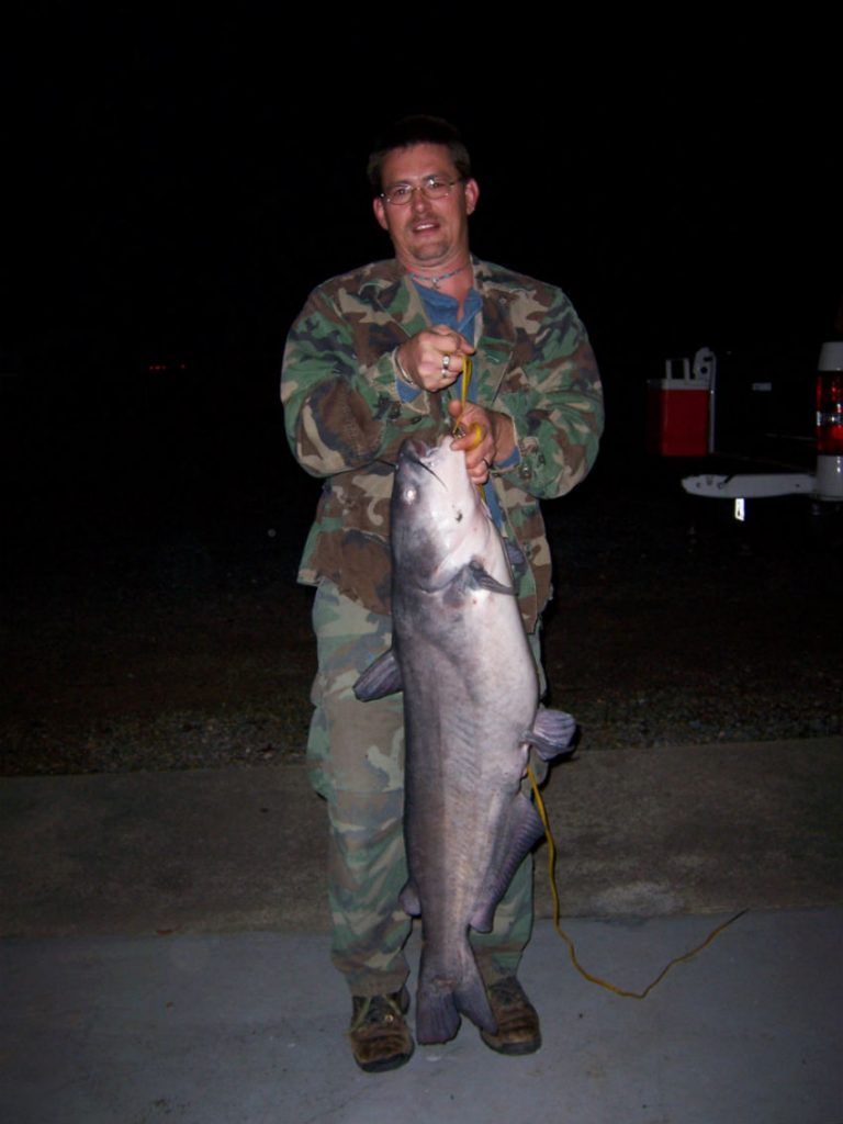 A person wearing camouflage clothing holds a large, silvery-gray catfish by the mouth while standing outdoors at night.