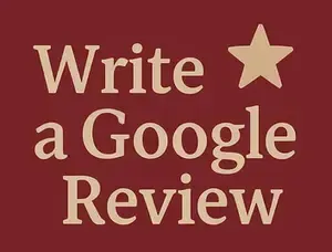 A dark red square featuring the light beige text 