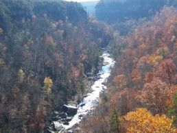 A river flows through a deep, forested canyon during autumn, with colorful foliage lining the steep rocky walls.
