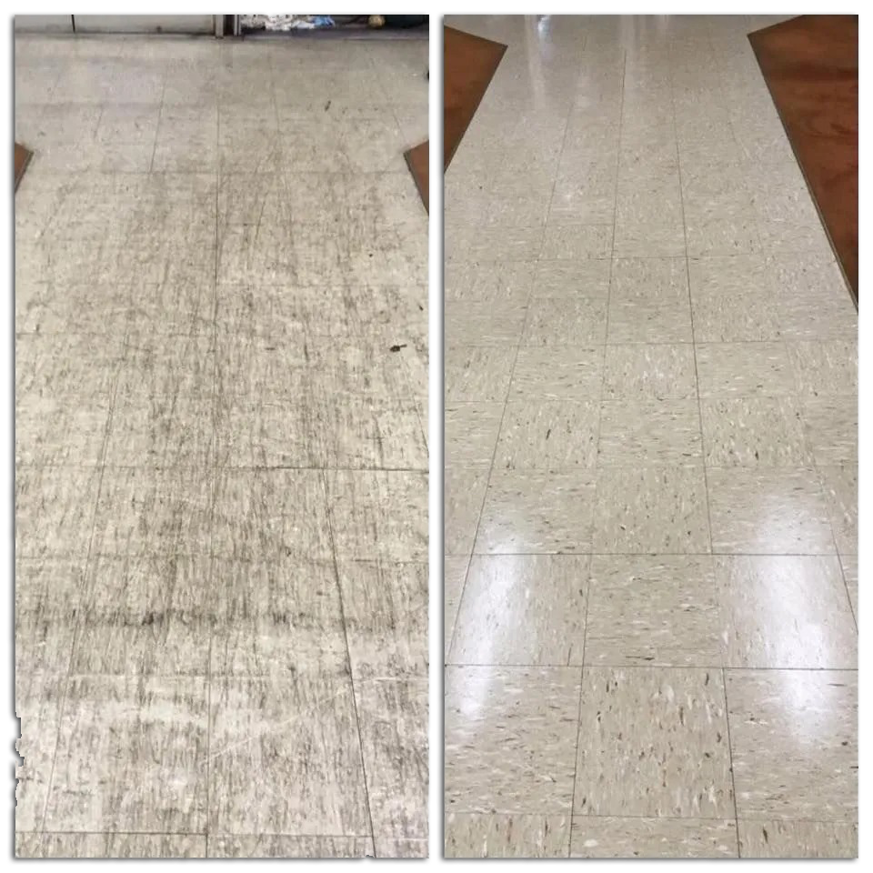 A before and after photo of a tile floor.