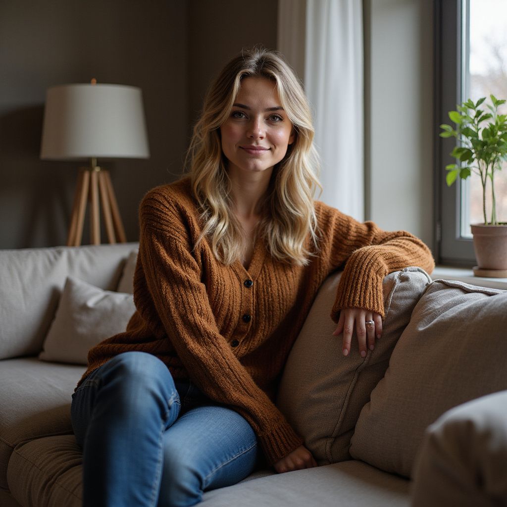 Eine Frau mit blonden Haaren, die einen braunen Pullover und Jeans trägt, sitzt auf einem Sofa in der Nähe eines Fensters.