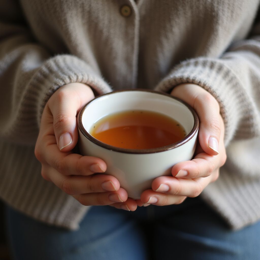 Eine Person hält eine weiße Teetasse mit braunem Rand. Sie trägt einen beigen Pullover und Jeans.