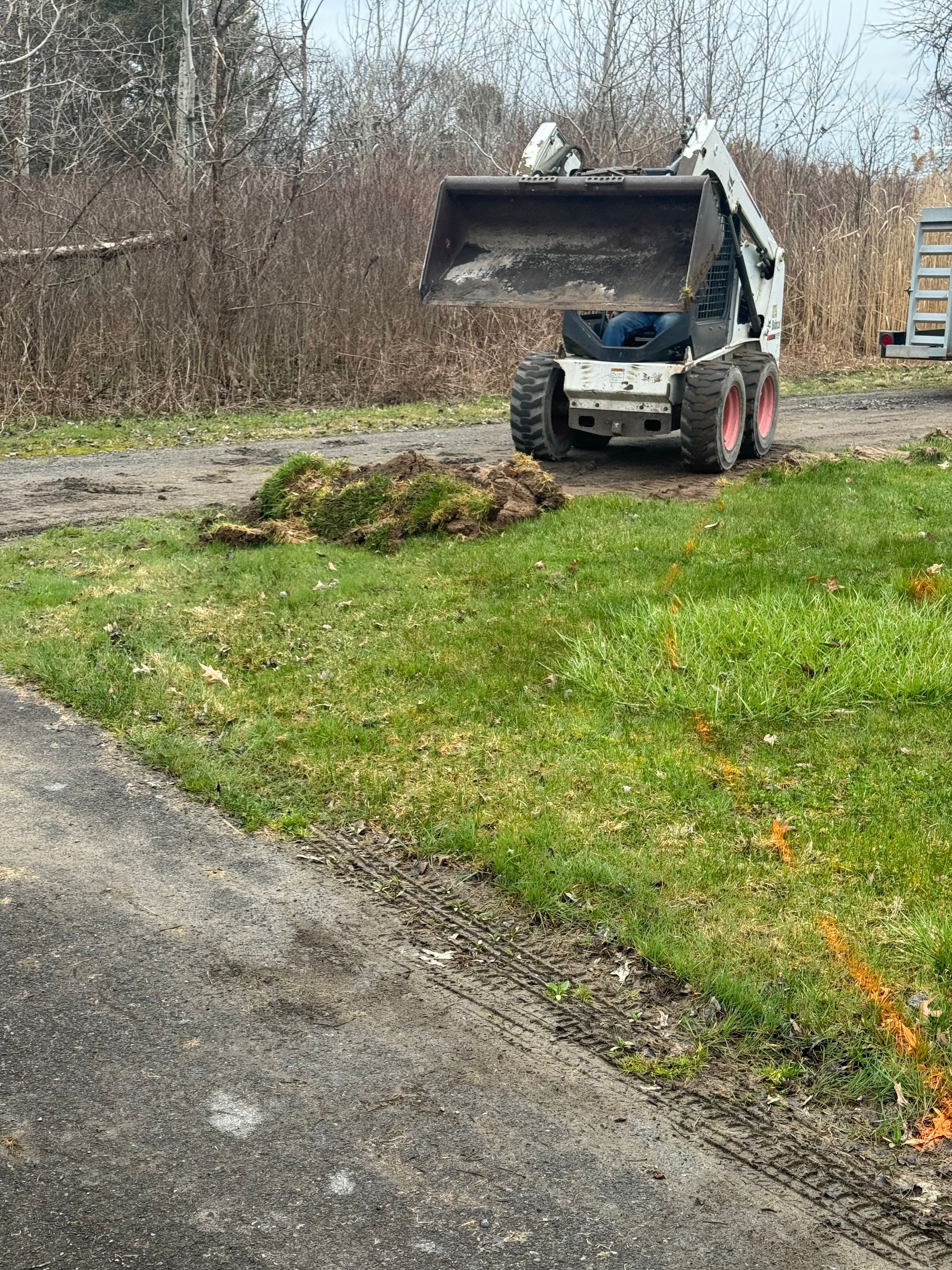 A bobcat is driving down a dirt road next to a grassy field.