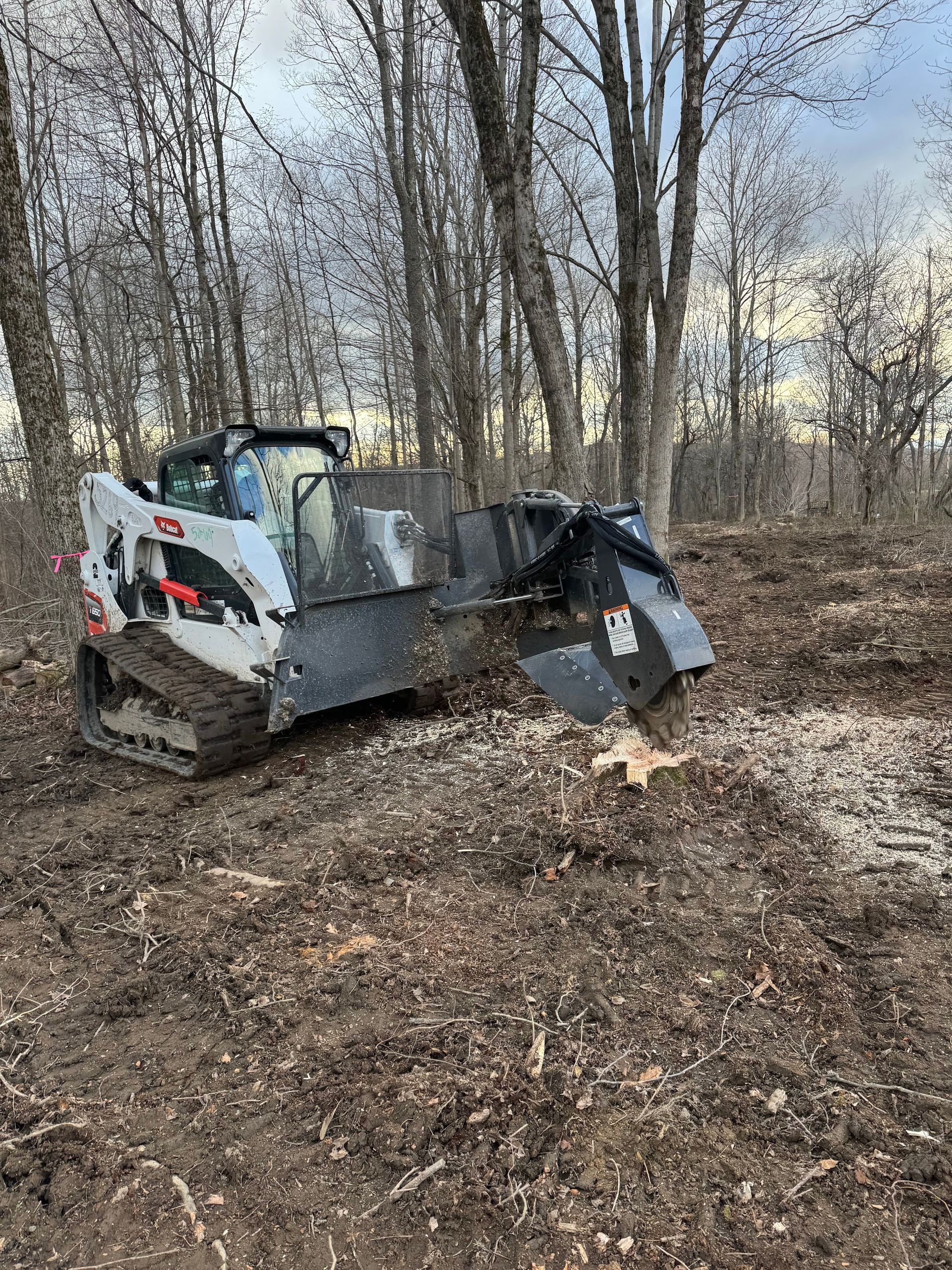 A bulldozer is sitting in the middle of a forest.