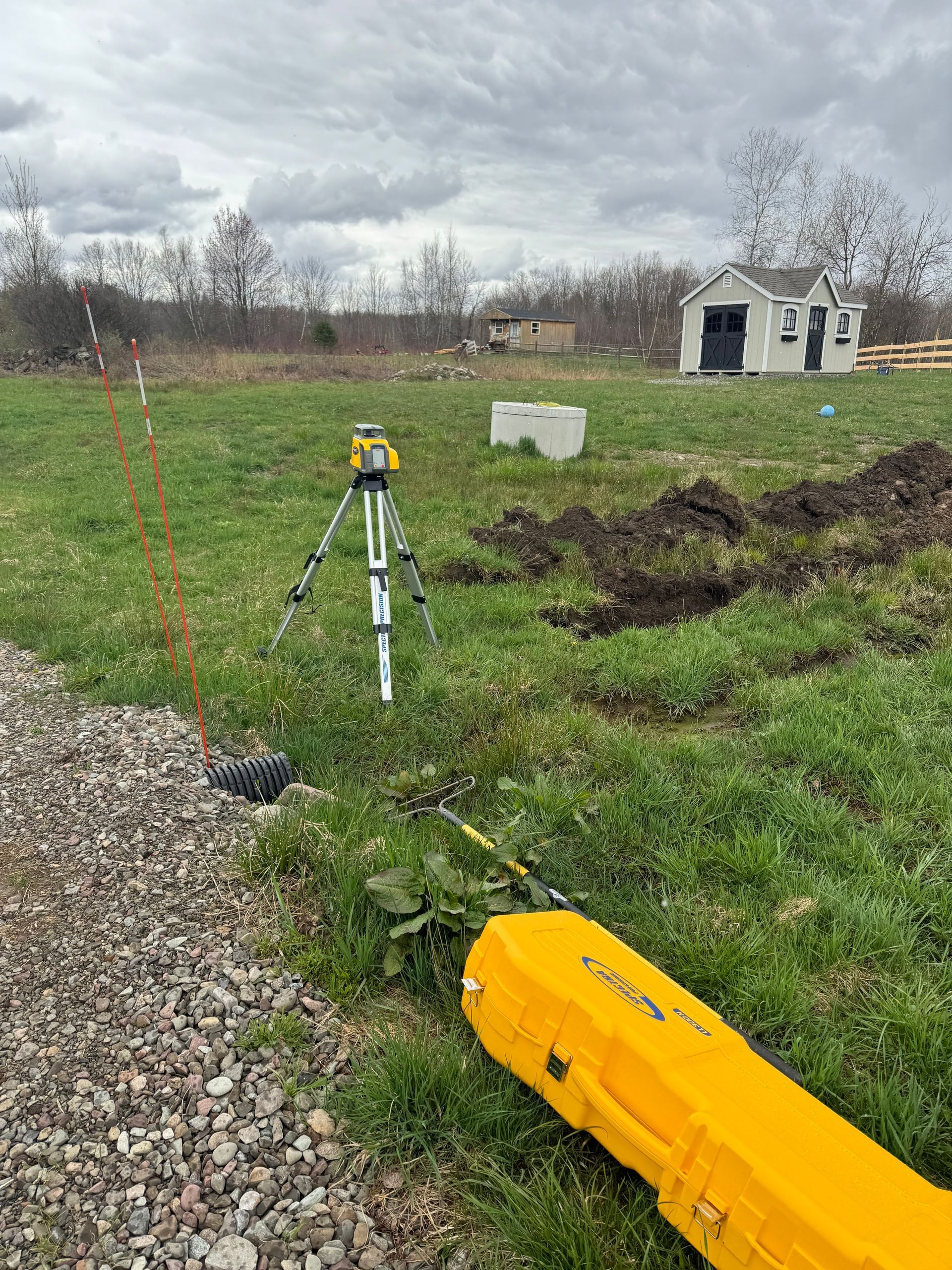 A tripod is sitting in the middle of a grassy field next to a yellow case.